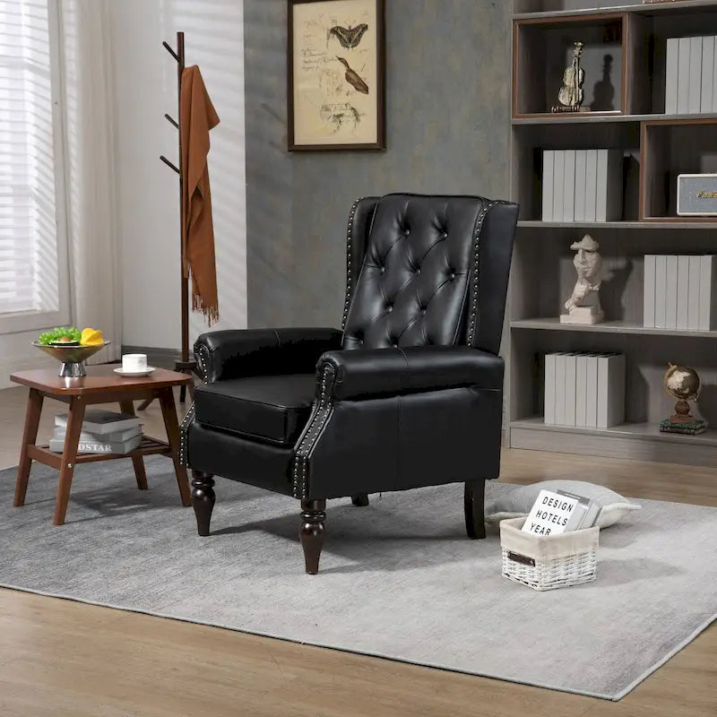 Fauteuil d'appoint capitonné à dossier haut avec garniture cloutée et pieds en bois massif