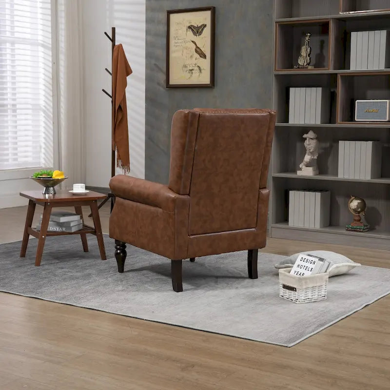 Fauteuil d'appoint capitonné à dossier haut avec garniture cloutée et pieds en bois massif