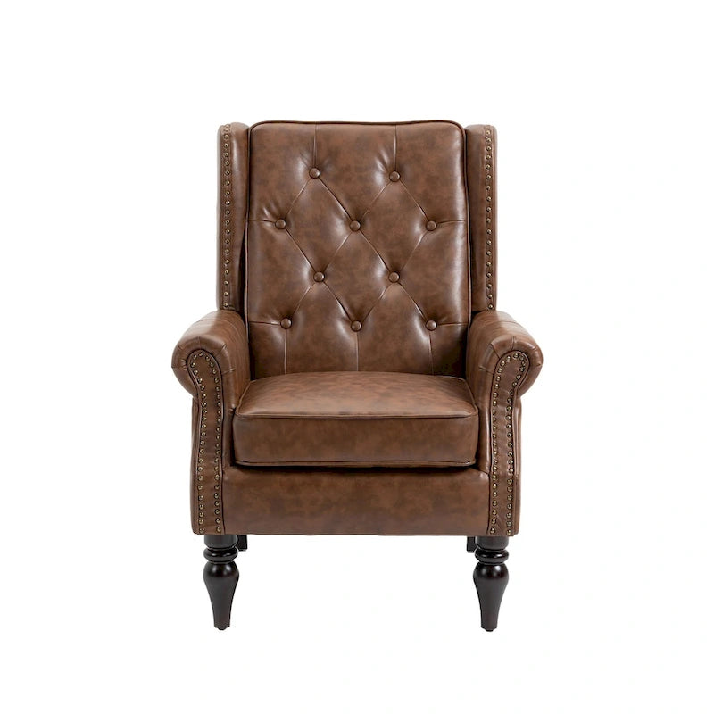 Fauteuil d'appoint capitonné à dossier haut avec garniture cloutée et pieds en bois massif