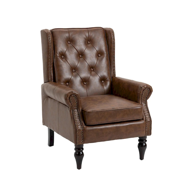 Fauteuil d'appoint capitonné à dossier haut avec garniture cloutée et pieds en bois massif