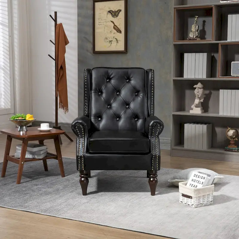 Fauteuil d'appoint capitonné à dossier haut avec garniture cloutée et pieds en bois massif