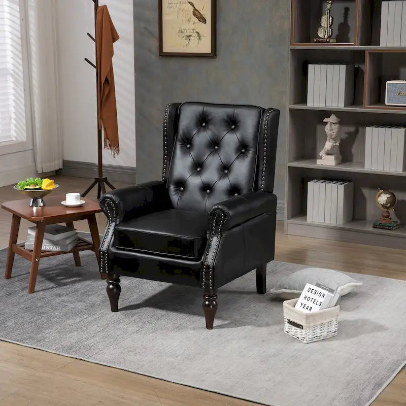 Fauteuil d'appoint capitonné à dossier haut avec garniture cloutée et pieds en bois massif