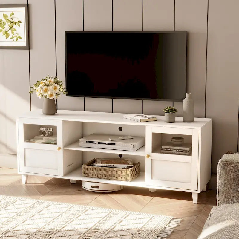 Meuble TV blanc avec rangements et étagères ouvertes