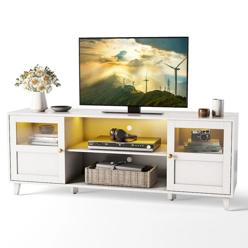Meuble TV blanc avec rangements et étagères ouvertes