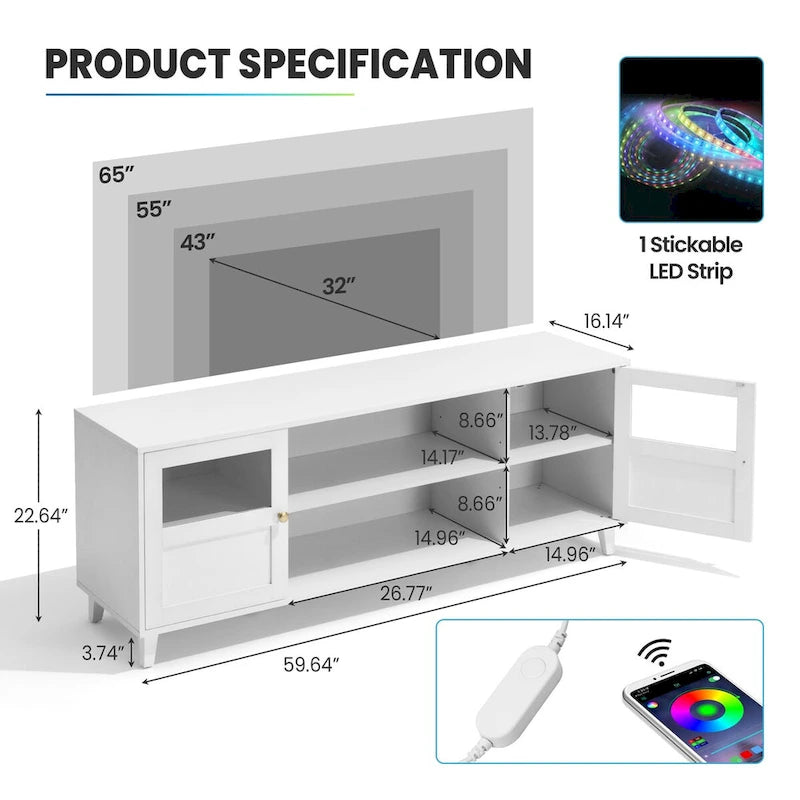 Meuble TV blanc avec rangements et étagères ouvertes