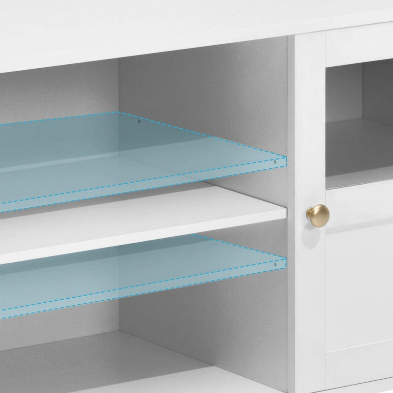 Meuble TV blanc avec rangements et étagères ouvertes