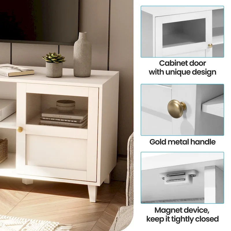 Meuble TV blanc avec rangements et étagères ouvertes