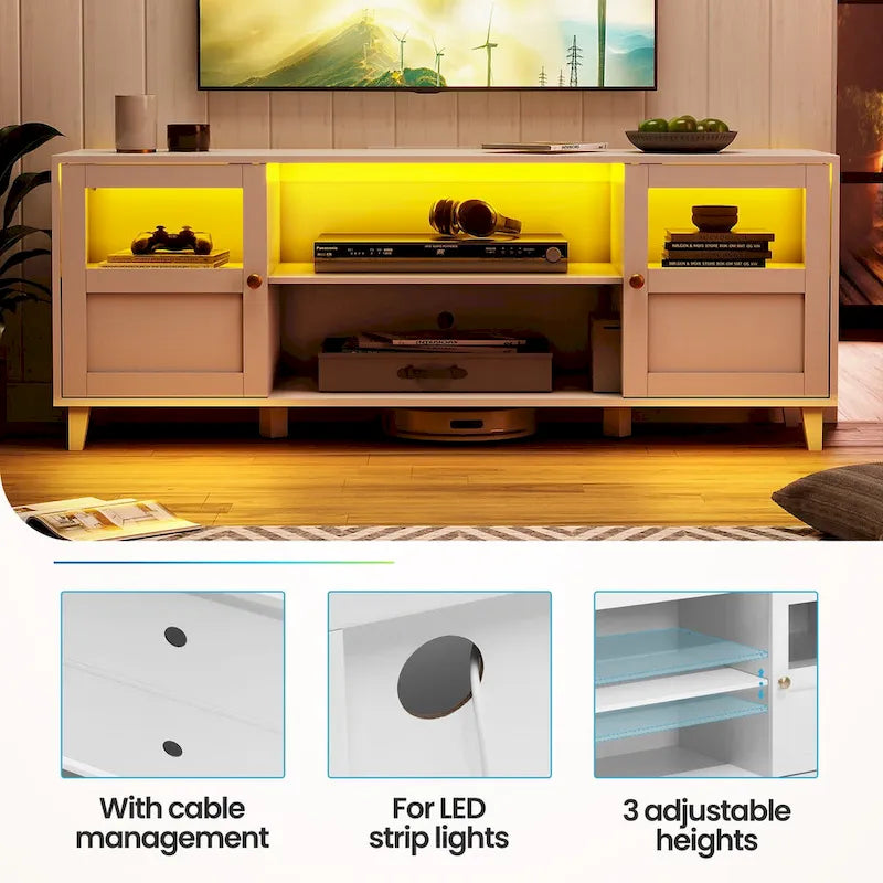 Meuble TV blanc avec rangements et étagères ouvertes