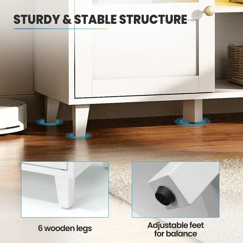 Meuble TV blanc avec rangements et étagères ouvertes