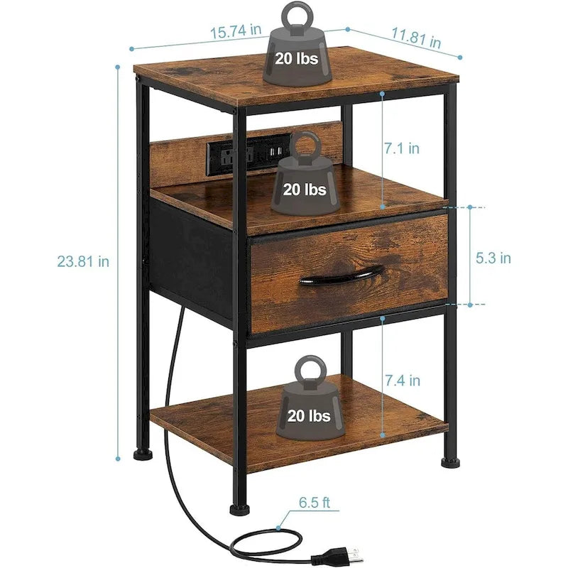 Table de chevet industrielle marron rustique avec station de charge USB et tiroir