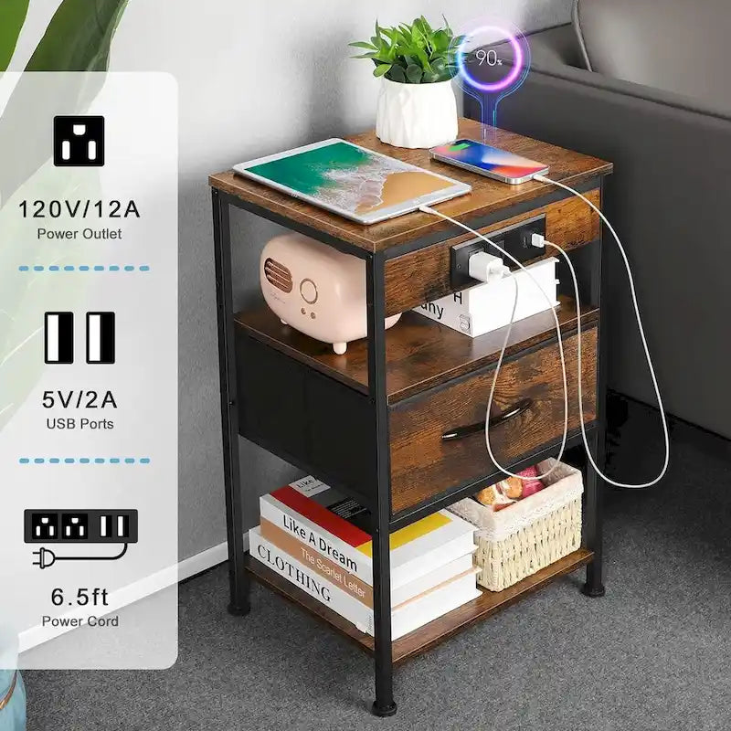 Table de chevet industrielle marron rustique avec station de charge USB et tiroir
