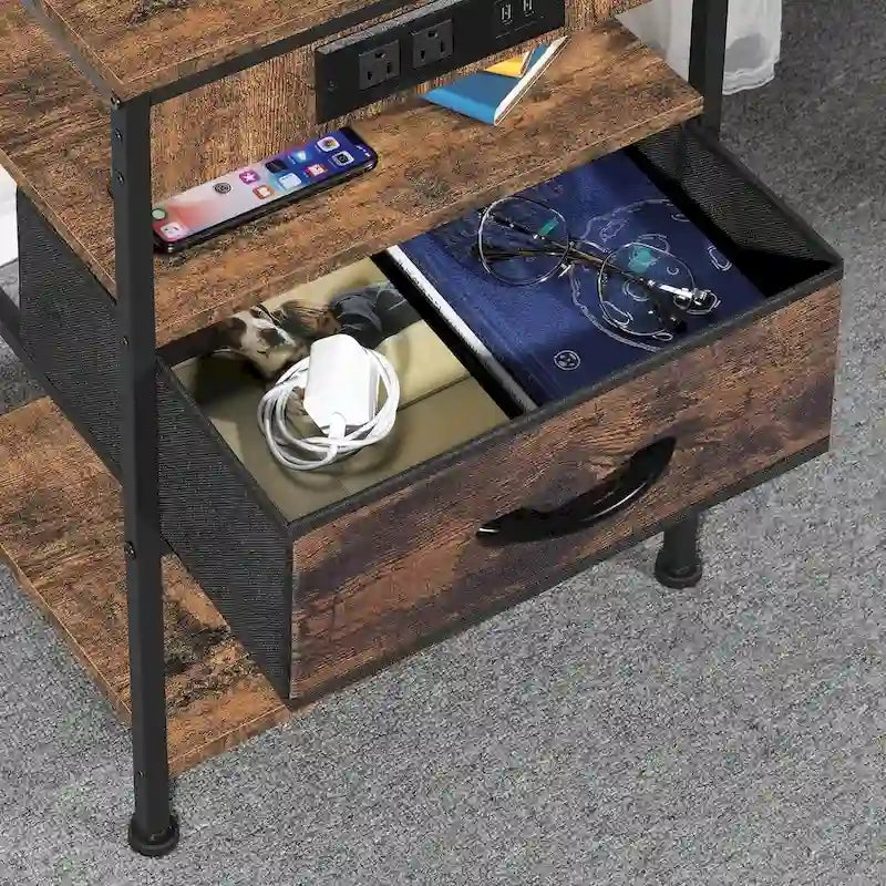 Table de chevet industrielle marron rustique avec station de charge USB et tiroir