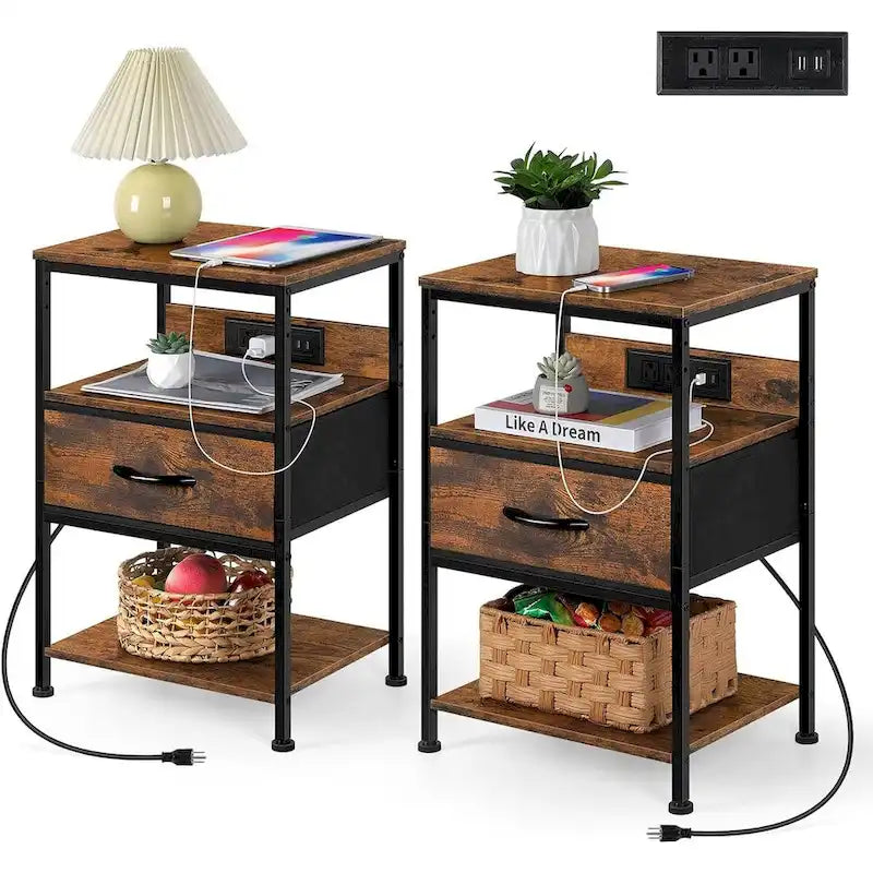 Table de chevet industrielle marron rustique avec station de charge USB et tiroir