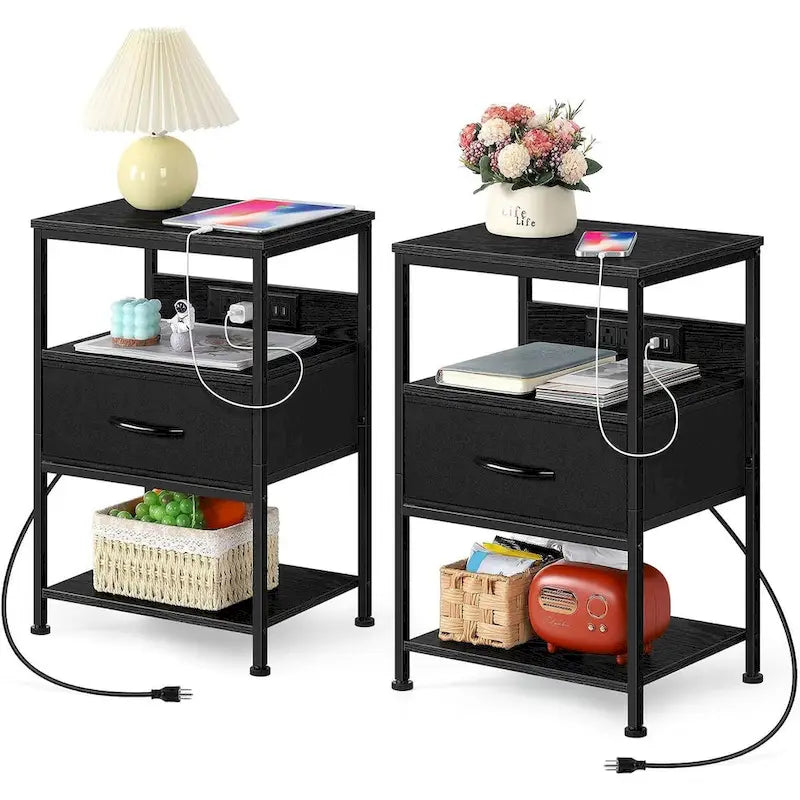 Table de chevet industrielle marron rustique avec station de charge USB et tiroir