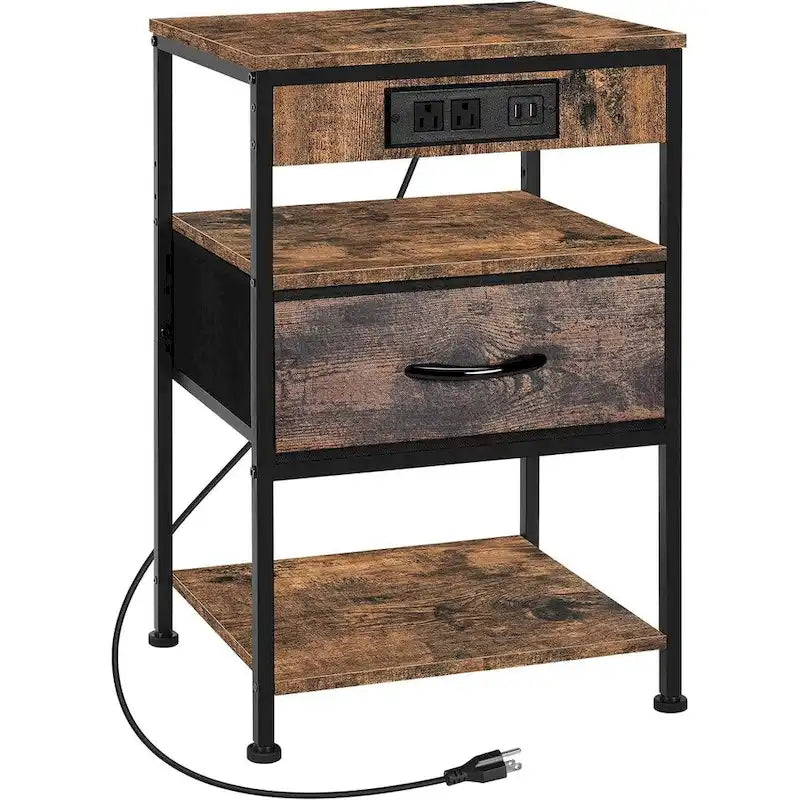 Table de chevet industrielle marron rustique avec station de charge USB et tiroir