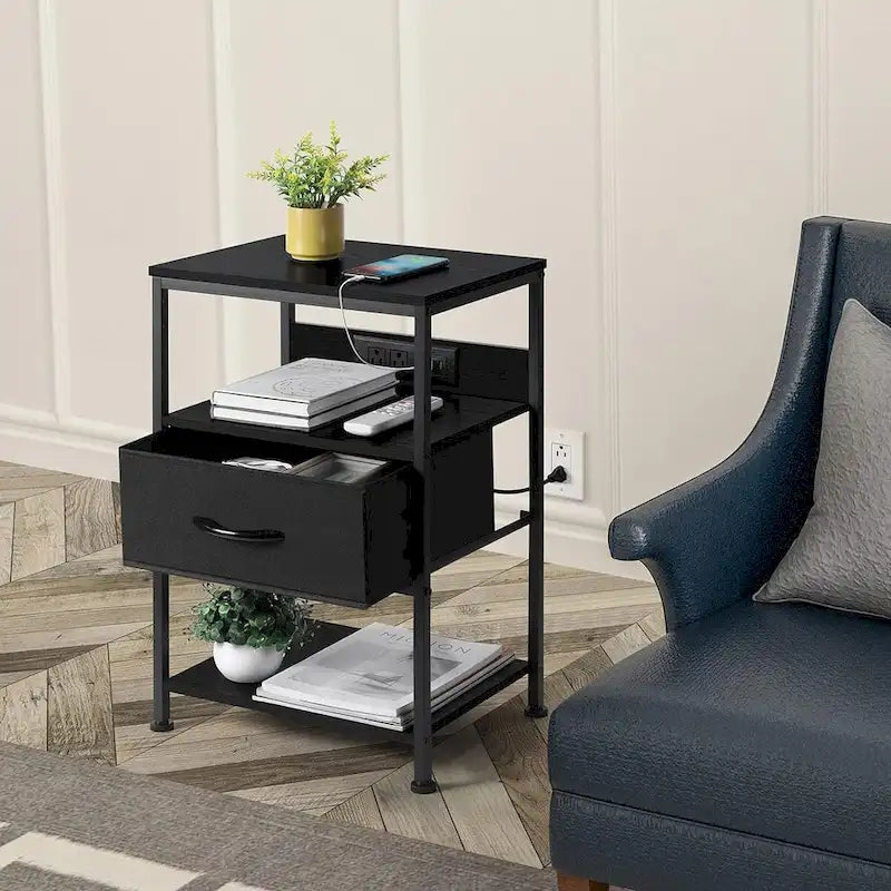 Table de chevet industrielle marron rustique avec station de charge USB et tiroir