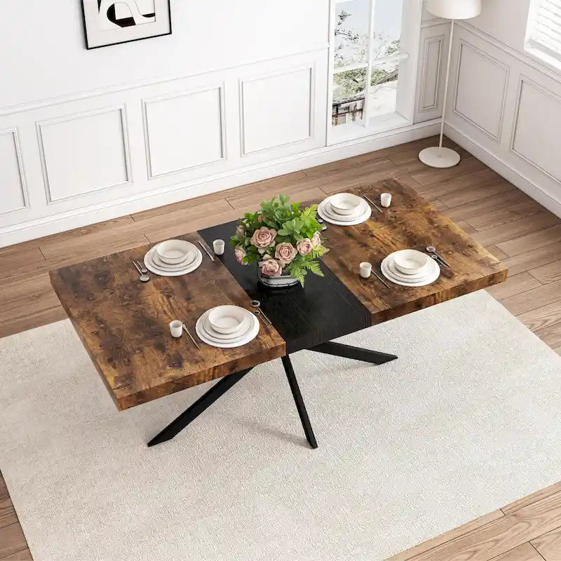 Table à manger rectangulaire extensible avec pieds en croix en fer noir, grise et marron