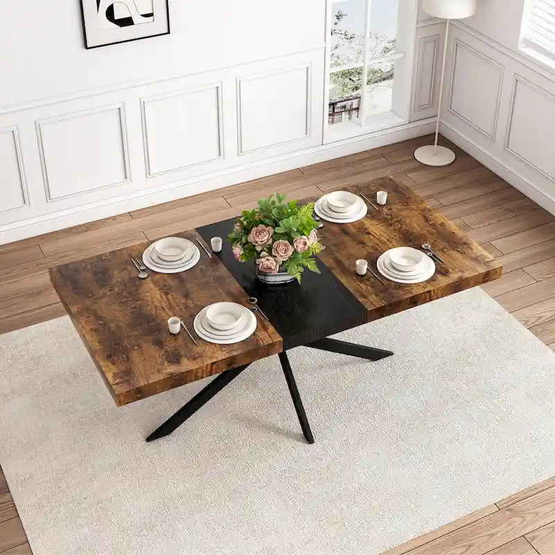 Retro Rectangular Stretch Dining Table with Cross Iron Base