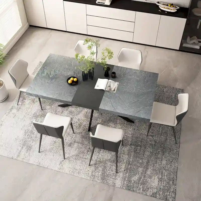 Table à manger rectangulaire extensible avec pieds en croix en fer noir, grise et marron