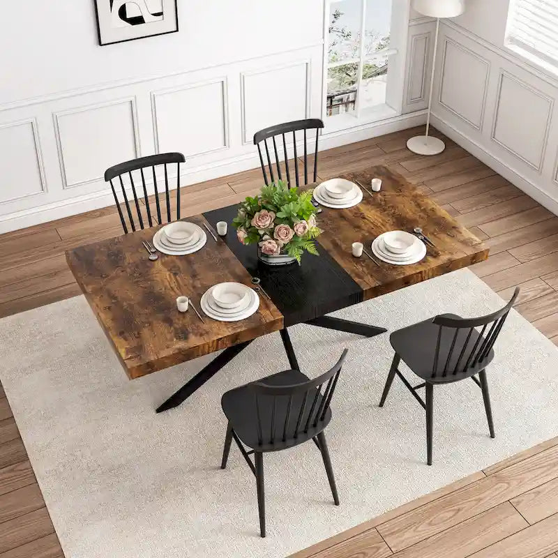 Table à manger rectangulaire extensible avec pieds en croix en fer noir, grise et marron