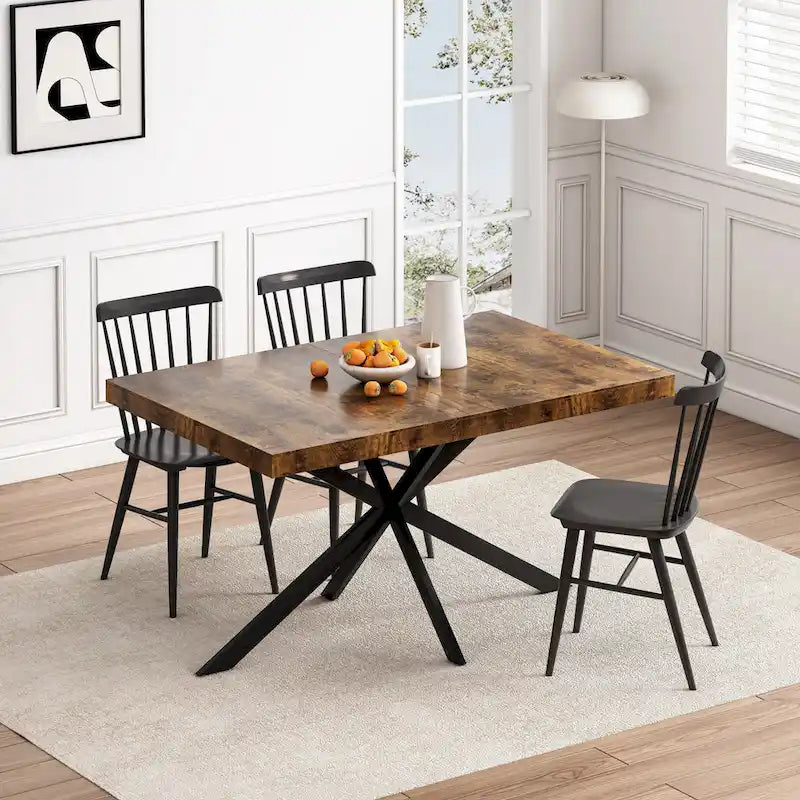 Table à manger rectangulaire extensible avec pieds en croix en fer noir, grise et marron