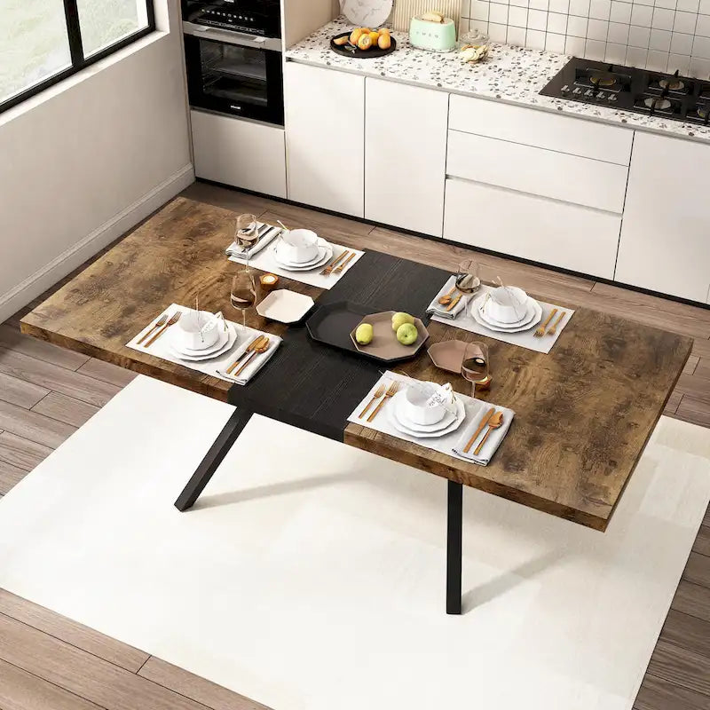 Table à manger rectangulaire extensible avec pieds en croix en fer noir, grise et marron