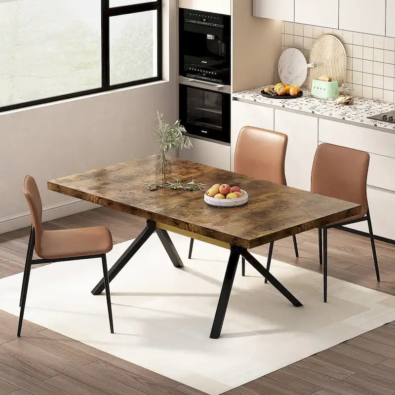 Table à manger rectangulaire extensible avec pieds en croix en fer noir, grise et marron
