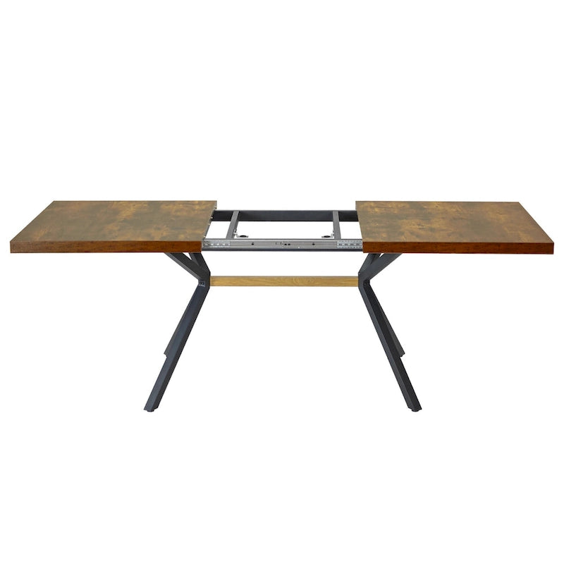 Table à manger rectangulaire extensible avec pieds en croix en fer noir, grise et marron