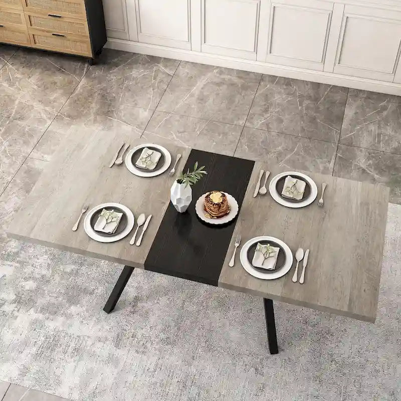Table à manger rectangulaire extensible avec pieds en croix en fer noir, grise et marron