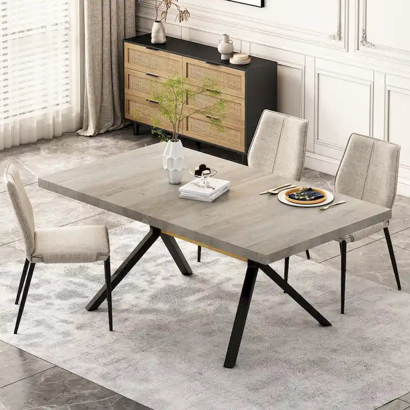 Table à manger rectangulaire extensible avec pieds en croix en fer noir, grise et marron