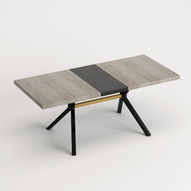 Table à manger rectangulaire extensible avec pieds en croix en fer noir, grise et marron
