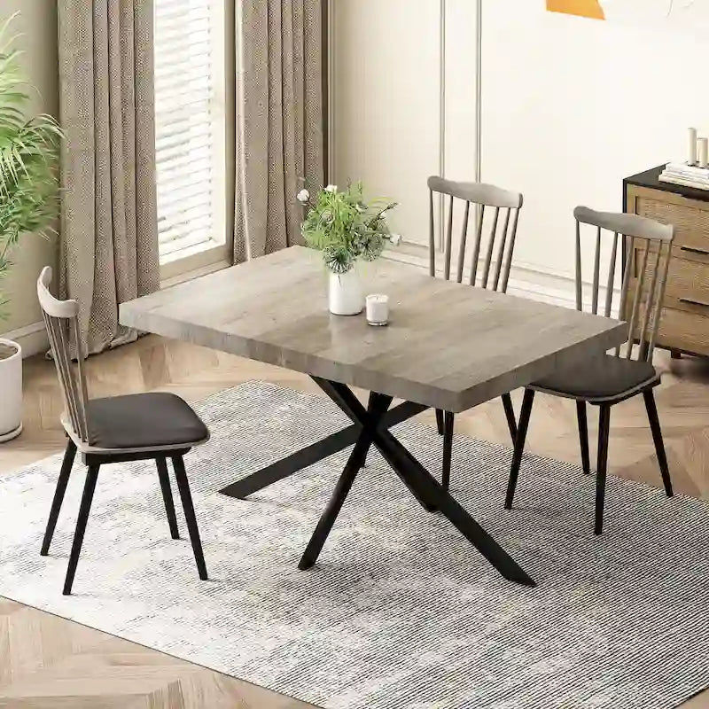 Table à manger rectangulaire extensible avec pieds en croix en fer noir, grise et marron