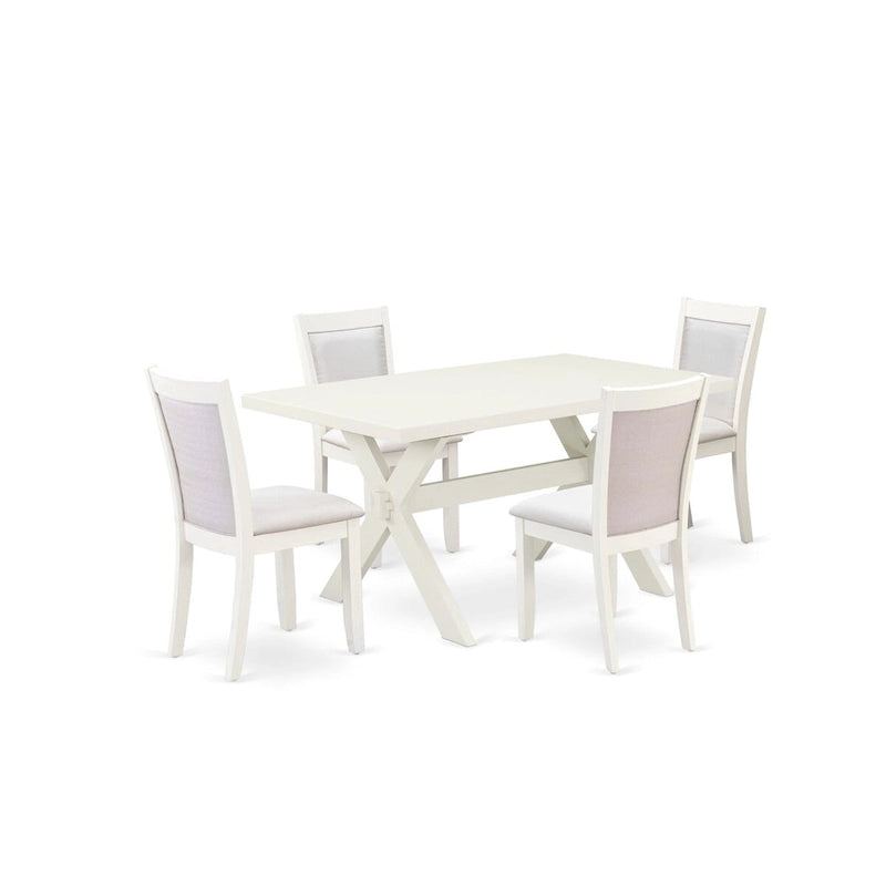 Table à manger rectangulaire avec piètement en X blanc cassé et chaises Parson crème