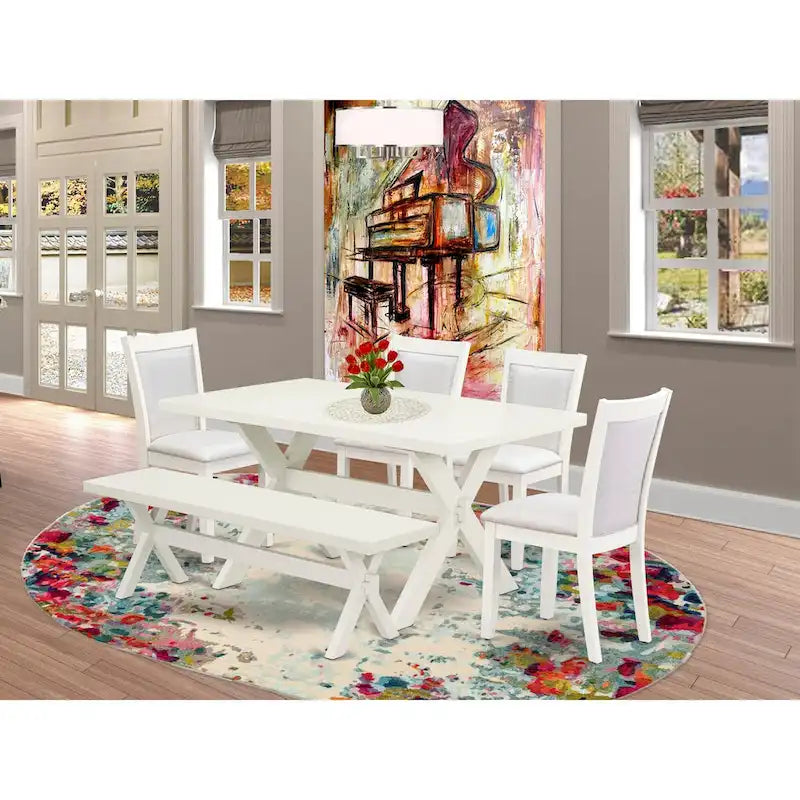 Table à manger rectangulaire avec piètement en X blanc cassé et chaises Parson crème