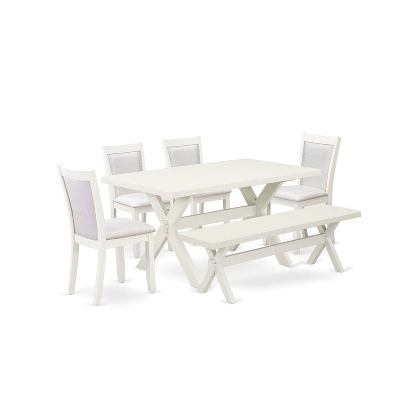 Table à manger rectangulaire avec piètement en X blanc cassé et chaises Parson crème