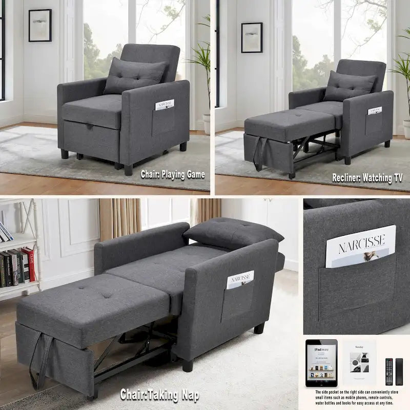 Fauteuil lit convertible 3-en-1 avec matelas escamotable et oreiller lombaire gris foncé