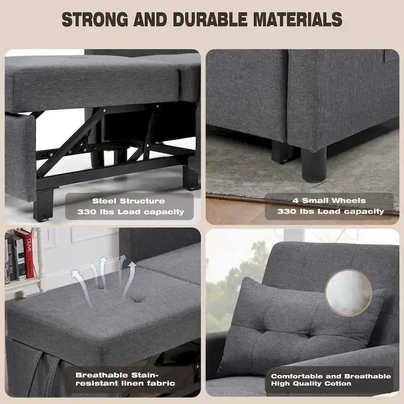 Fauteuil lit convertible 3-en-1 avec matelas escamotable et oreiller lombaire gris foncé