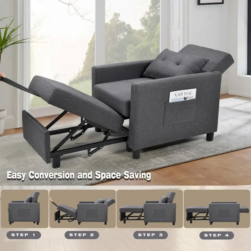 Fauteuil lit convertible 3-en-1 avec matelas escamotable et oreiller lombaire gris foncé