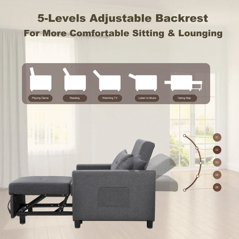 Fauteuil lit convertible 3-en-1 avec matelas escamotable et oreiller lombaire gris foncé