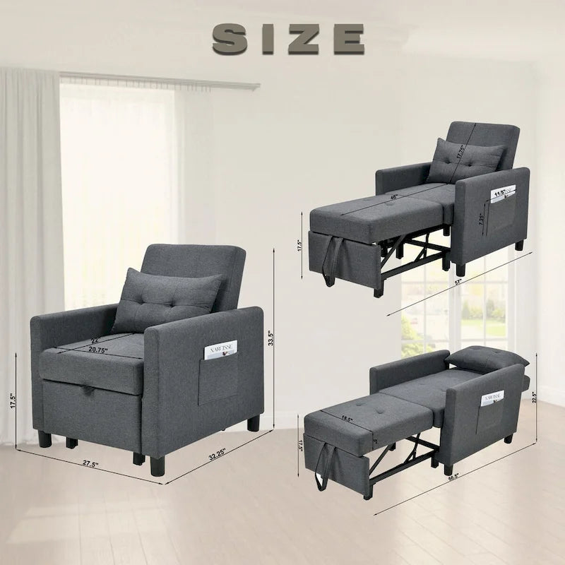 Fauteuil lit convertible 3-en-1 avec matelas escamotable et oreiller lombaire gris foncé