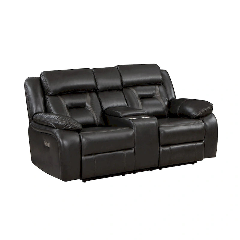 Causeuse inclinable électrique double avec console et porte-gobelets en similicuir gris