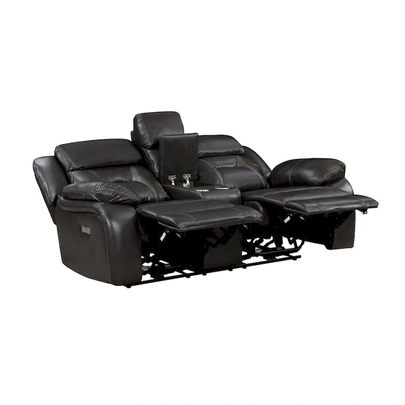 Causeuse inclinable électrique double avec console et porte-gobelets en similicuir gris
