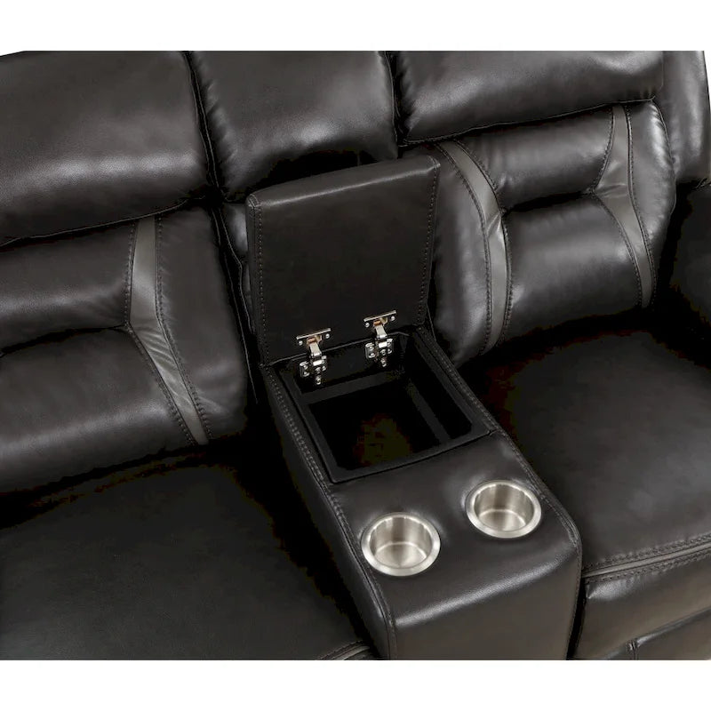 Causeuse inclinable électrique double avec console et porte-gobelets en similicuir gris