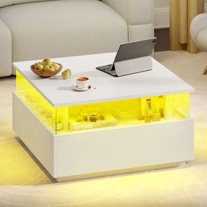 Table basse carrée en bois noir avec lumières LED et tiroirs de rangement