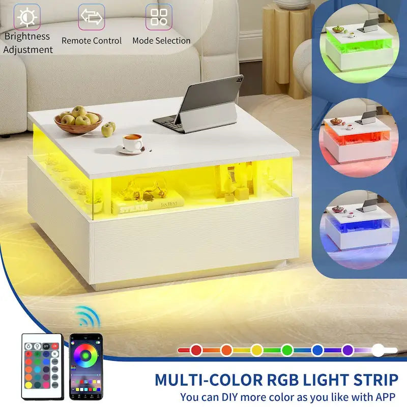 Table basse carrée en bois noir avec lumières LED et tiroirs de rangement