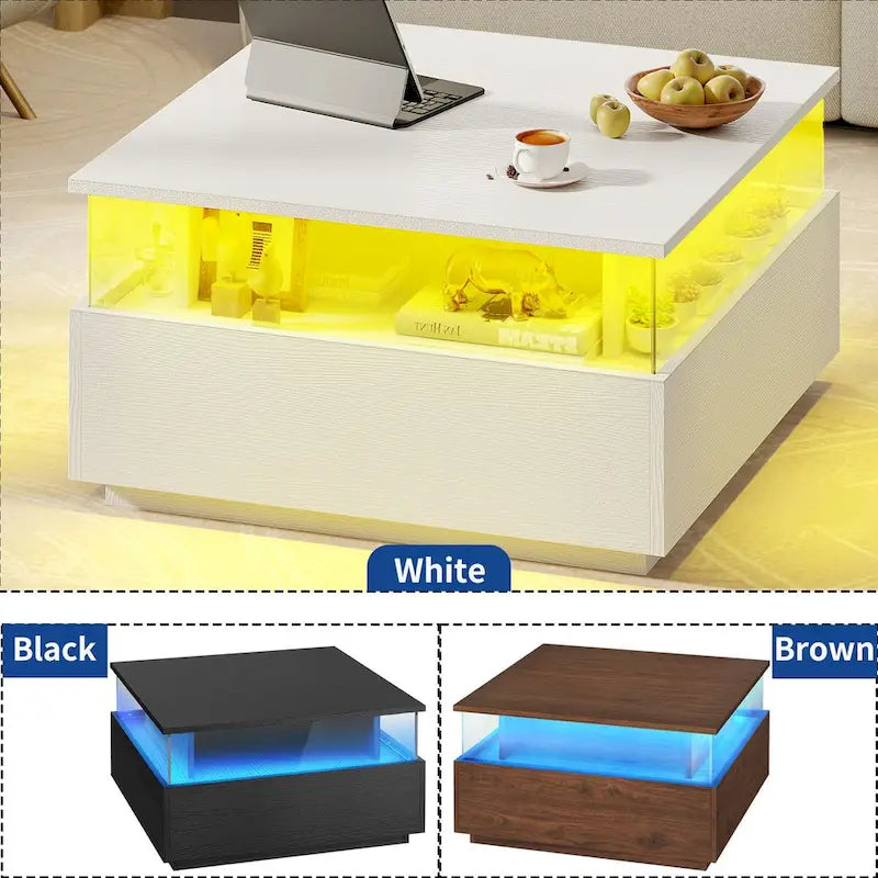 Table basse carrée en bois noir avec lumières LED et tiroirs de rangement