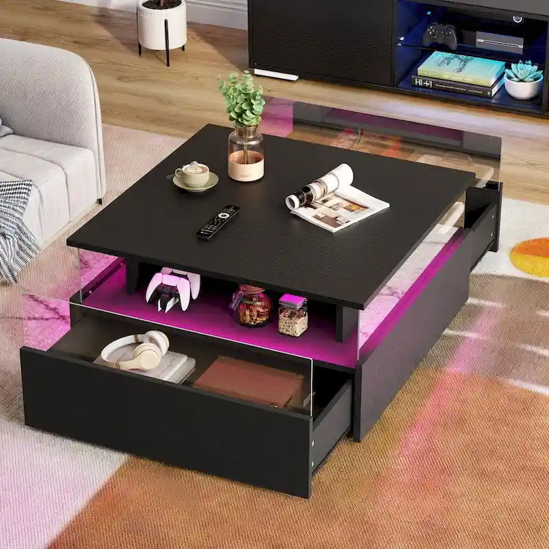 Table basse carrée en bois noir avec lumières LED et tiroirs de rangement