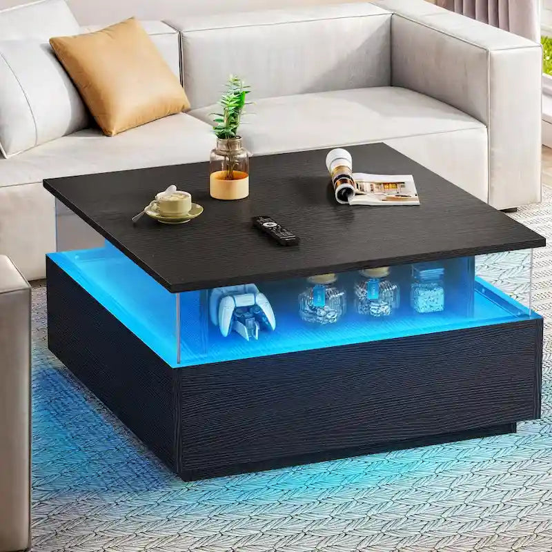Table basse carrée en bois noir avec lumières LED et tiroirs de rangement