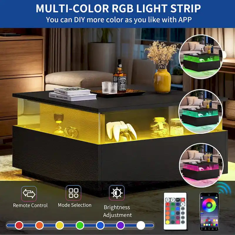 Table basse carrée en bois noir avec lumières LED et tiroirs de rangement