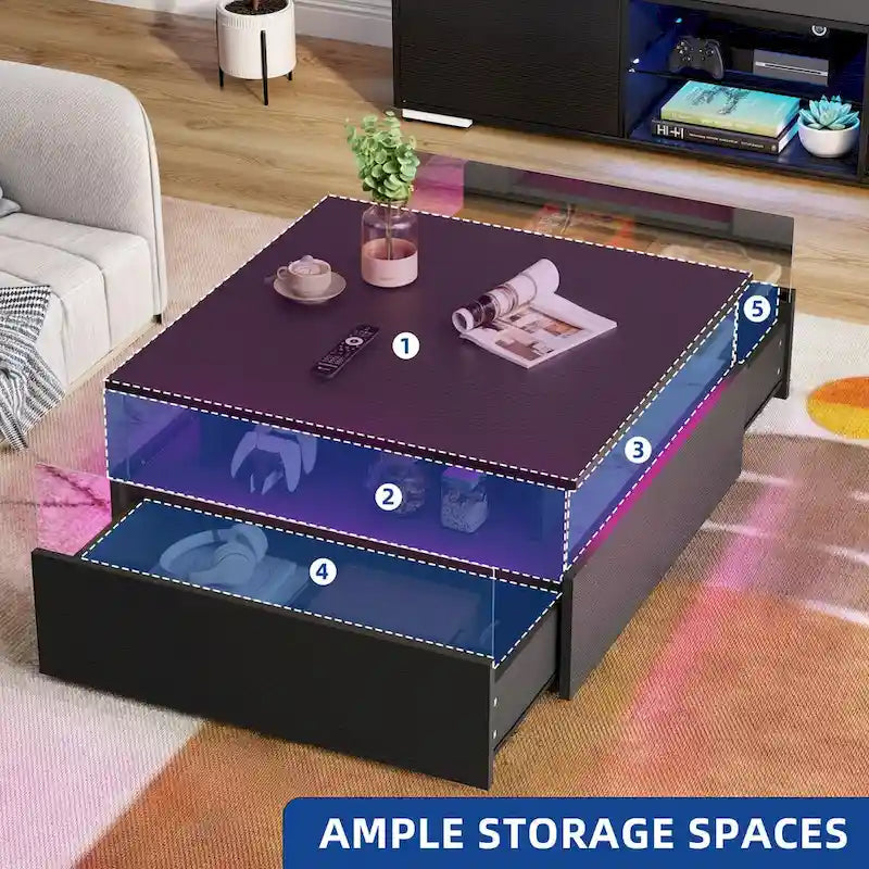 Table basse carrée en bois noir avec lumières LED et tiroirs de rangement